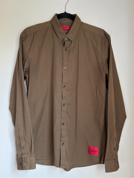 Hugo Boss Other - Hugo Boss Men's Brown Button Front Dress Shirt with Pink Logo Patch
